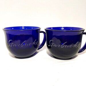 STARBUCKS Perfect! Cobalt Blue Glass Coffee Mugs 16 oz Sparkly Script Pair (2)